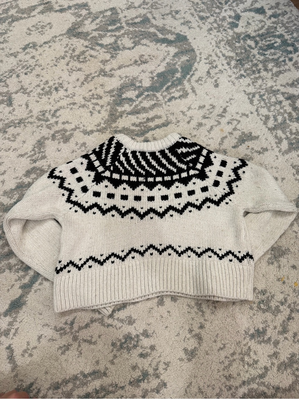 Zara Knit Chunky Fair Isle Cropped Sweater Cream Black Size Medium - Picture 2 of 5